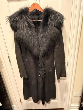 Women's Long Black Real Shearling Coat with Fur Collar